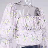 Poshoot  Blue Floral Print Tie Front Top and Blouses Shirts Square Collar Puff Sleeve Elegant Vintage  Shirt Tops Chic