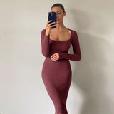 POSHOOT  Long Sleeve Ankle-Length Dress For Woman Square Collar Knit Long Dress Women  Elegant Causal Solid Maxi Dresses