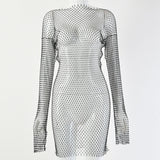 Poshoot   New Crystal Diamond  Bodycon Dress Women Hollow Out Long Sleeve Mini Dress 2023 Summer  See Through Party Dress