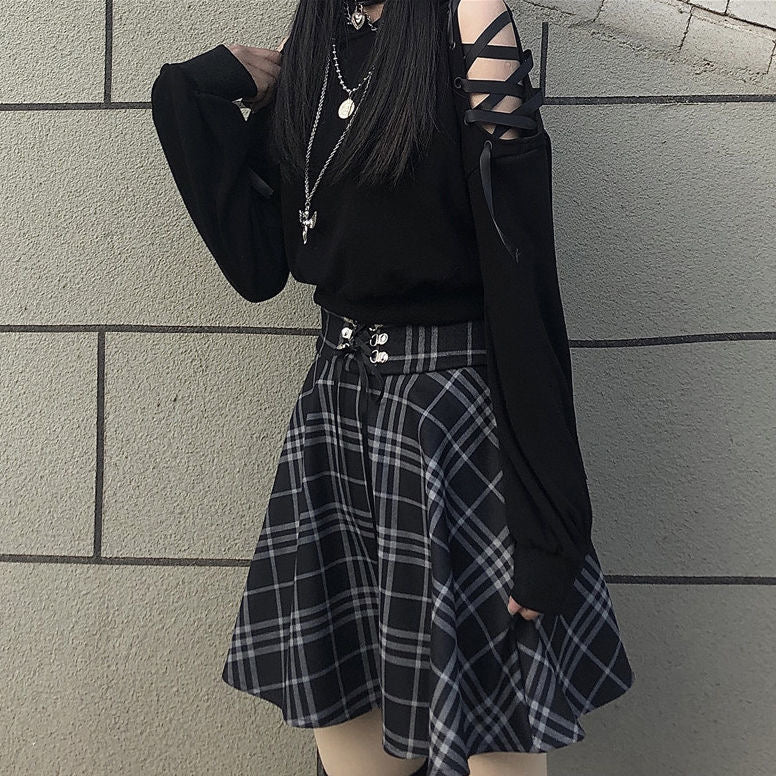 POSHOOT Gothic Lolita Skirt Female S-XXL Multi-Size Autumn And Winter 2022 High Waist Lace-Up Short Check Wool Skirt Mini Ballet Skirt