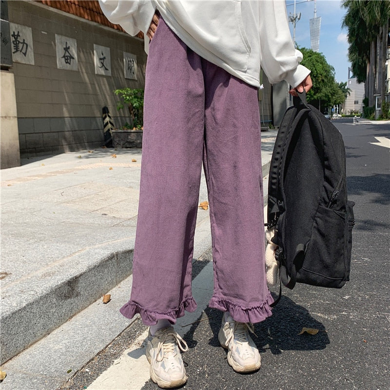 POSHOOT Japanese Kawaii Preppy Style Ruffles Girl's 2022 Autumn Loose Fall Women Solid Lolita Style Capris High Waist Leg Trousers Pants