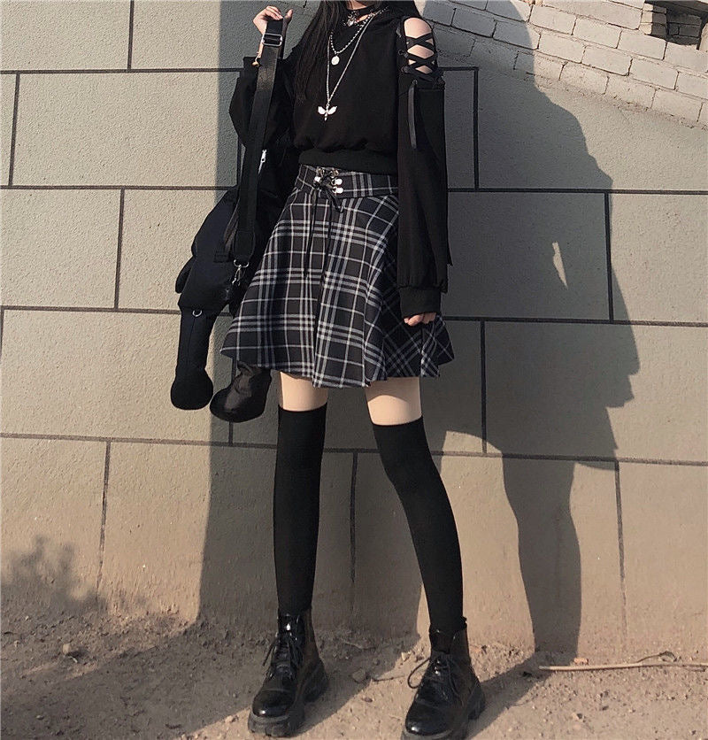 POSHOOT Gothic Lolita Skirt Female S-XXL Multi-Size Autumn And Winter 2022 High Waist Lace-Up Short Check Wool Skirt Mini Ballet Skirt