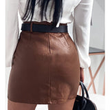 Poshoot  Elegant Fashion Rivets PU Leather Skirts Women Mini Pencil Skirts Office Lady Solid Color High Waist Slim Bottoms Skirts