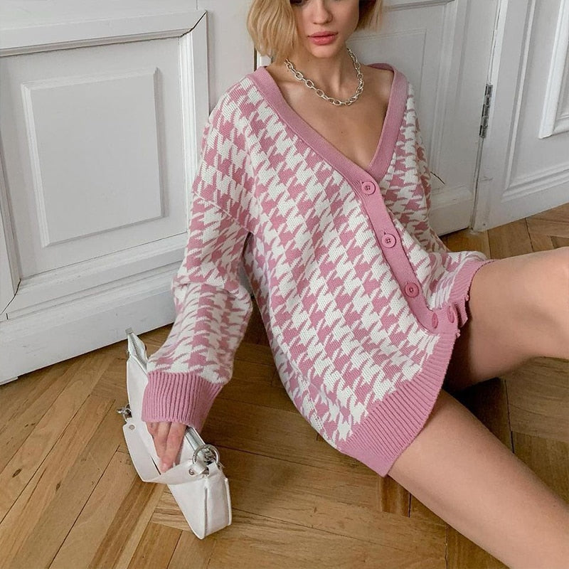 Poshoot   Y2K Houndstooth Knitted Oversized Cardigan Sweater 2022 Autumn Winter Vintage Sweater Jumper Casual Cardigan Women Coats