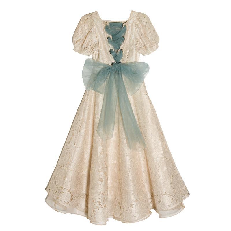POSHOOT 2022 Summer Vintage Dress Bowknot A-Line Elegant Lace French Fairy Dress Female Square Collar One Piece Dress Korean Weddings