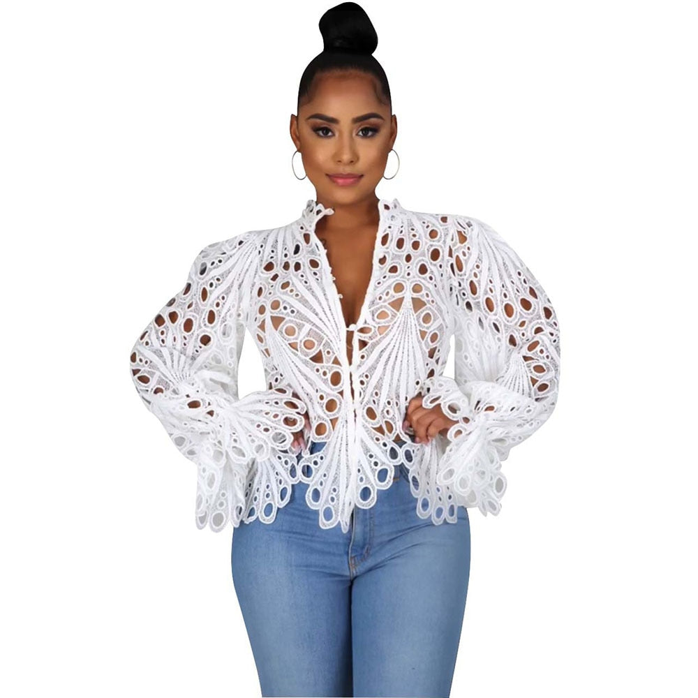 POSHOOT Fashion Woman Blouses 2022 Sexy Ladies White Lace Hollow Out Party Night Club Flare Long Sleeve Tops Female Autumn Pink Shirt