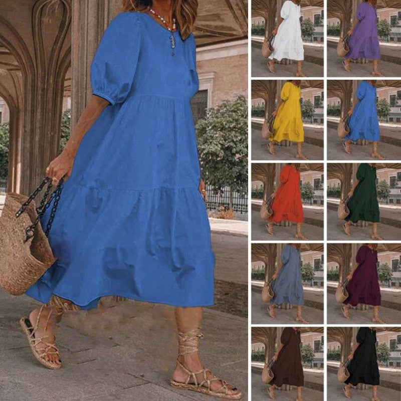 POSHOOT Boho Clothing Dress Vintage Summer Loose Cottagecore O-Neck Solid Sundress Midi Cotton Short Sleeve Patchwork 2022 Fashion Women