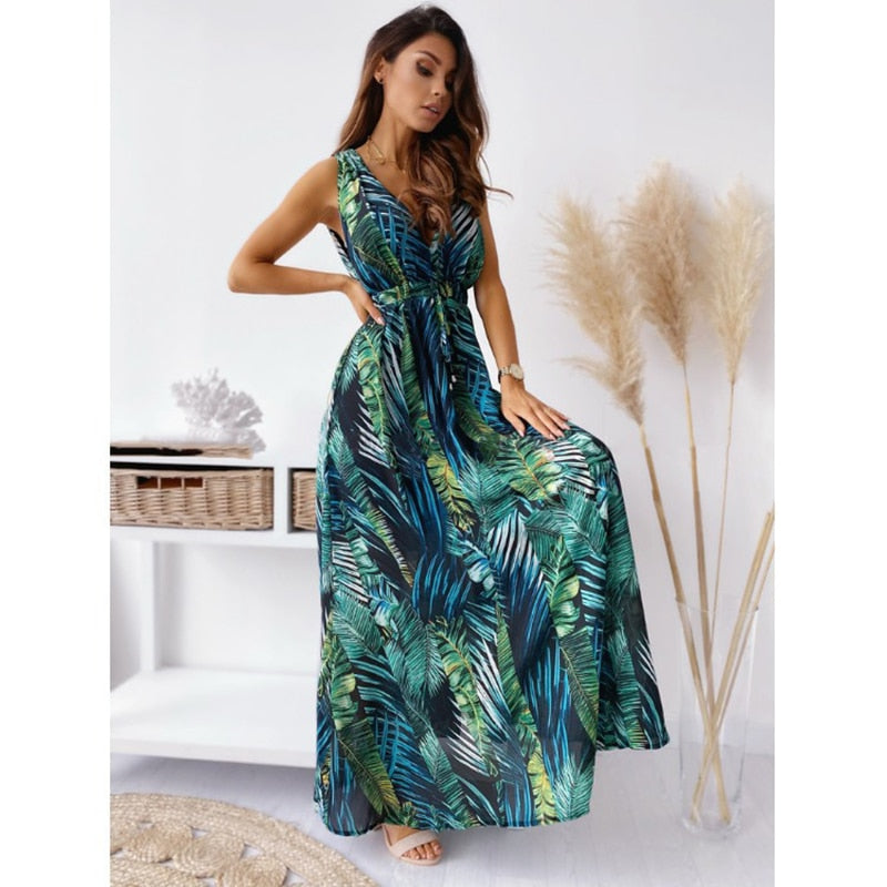 POSHOOT Backless Dress Long With Floral Pattern Elegant Gowns Strappy 2022 Fashion Women Summer Loose Mid-Rised A-Line Pullover V-Neck