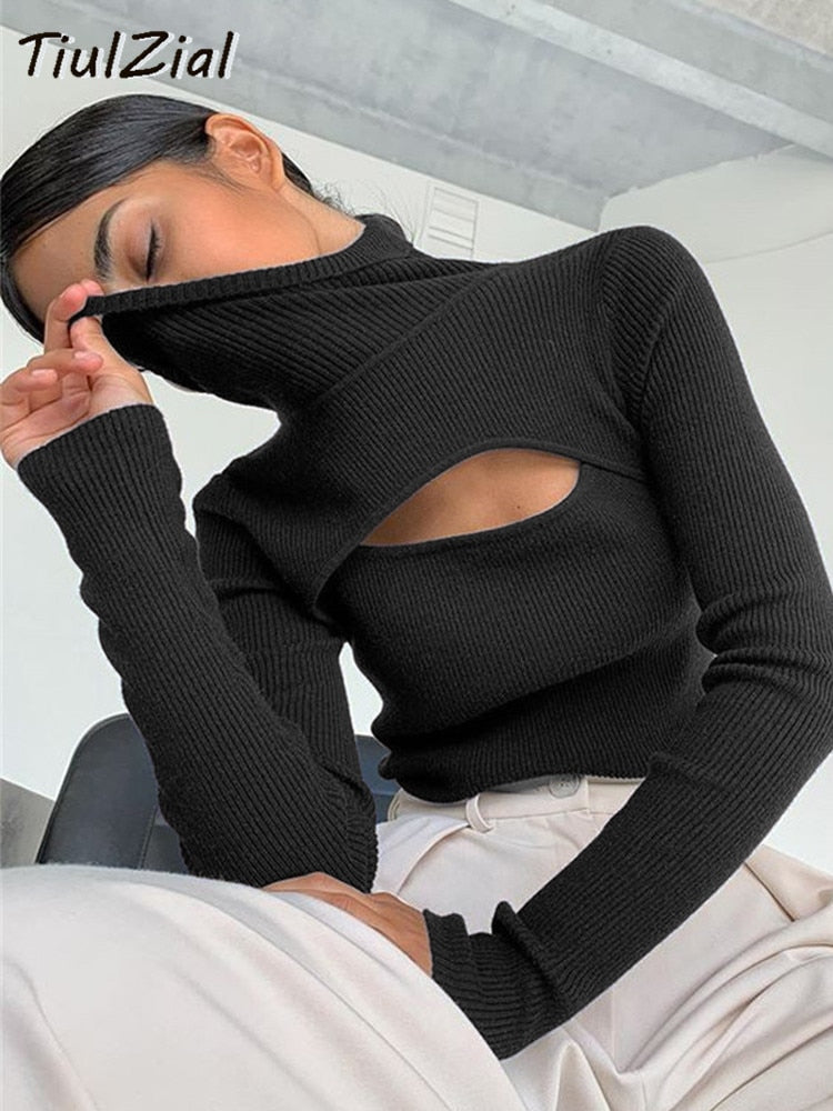 POSHOOT Ribbed Knitted Turtleneck Long Sleeve Top Hollow Out White Sexy Club T Shirt Women Slim Skinny Tee Lady Clothing 2022