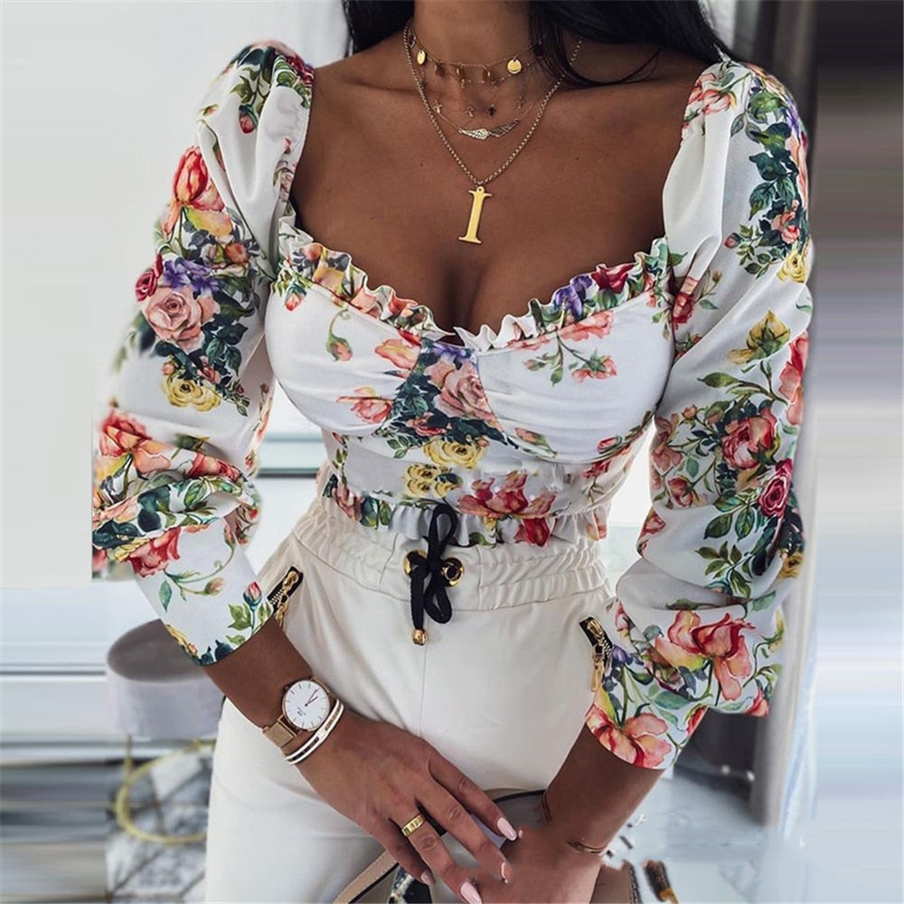 Poshoot  Elegant Long Puff Sleeve Square Collar Blouse Women Lace Ruffle Trim Floral Short Blouse Office Lady Slim Fit Flowers Crop Tops