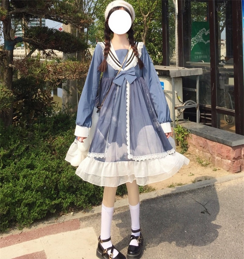 POSHOOT Japanese Lolita Style Harajuku Gothic Bandage Sweet Sailor Collar Bow Girl Cosplay Flare Sleeve Lace Dress Kawaii Ruffles Dress