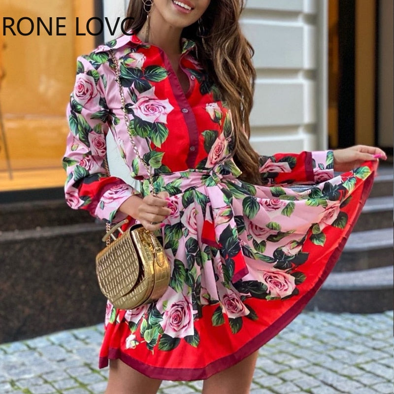 Women Chic All Over Print Floral Long Sleeves Folds Midi Dresses