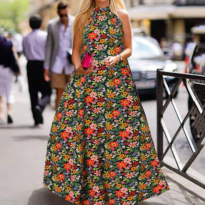 POSHOOT Women Maxi Long Dress Celmia Dress 2022 Summer Fashion Floral Print Halter Sundress Sleeveless Party Robe Loose Vintage Vestidos