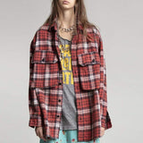 Poshoot 100% Cotton 2022 Autumn New York Rock Design Red And Black Plaid Flannel Big Pocket Collage Long Shirt