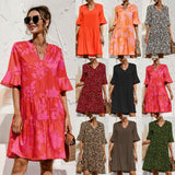 POSHOOT Layered Dress Summer Loose Casual With Floral Pattern Short Elegant Flare Sleeve 2022 Fashion Women V-Neck Knee-Length Polyester