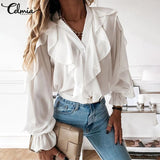 POSHOOT Women's Elegant Shirt Celmia Sexy V Neck Long Sleeve Casual Ruffles Shirt Button Solid Street Blusas  OL Party Tops