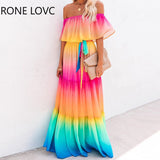 POSHOOT Women Off Shoulder Gradient Color Ruffles Maxi Dress Elegant Fashion Chic Dress