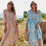 POSHOOT Casual Dress Cotton Midi Chiffon Boho Clothing With Flowers Floral Pattern Summer Loose 2022 Fashion Women A-Line V-Neck Empire