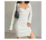 Poshoot  Basic Split Knitted Dress Autumn Winter  Slim Square Collar Long Sleeve Mini Dresses For Women 2023 Elegant Fashion