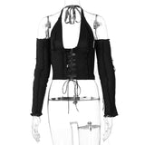 POSHOOT 2022 Backless Halter Ribbed Tie Front Top Women Long Sleeve Cut Out Lace Up T-Shirts Patchwork Sexy Bodycon Y2K Crop Top Tee