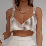 POSHOOT High Street Deep V Neck Pearl Vest Women Fashion Crop Top Ladies White Sleeveless Sexy Club Tank Top Blusas