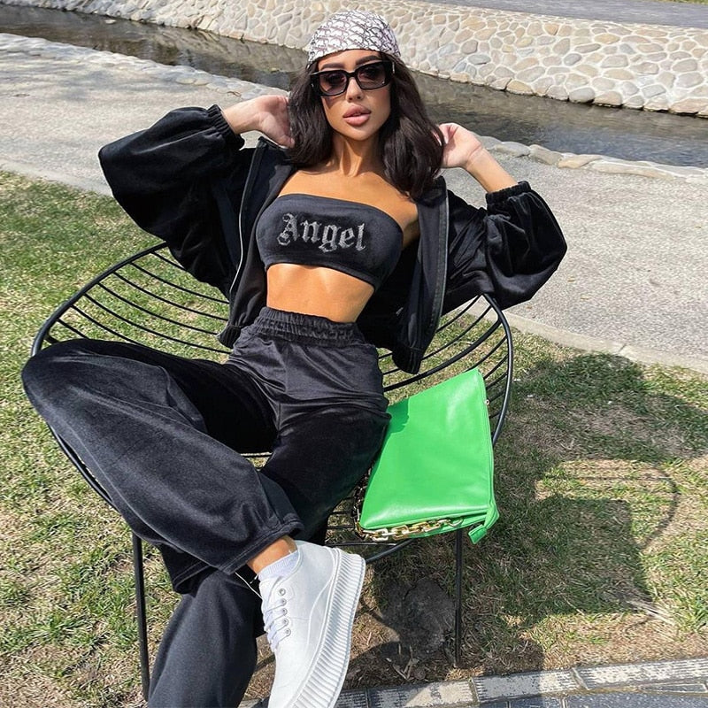 POSHOOT Beyouare Casual Wide Leg Pants Strapless Suit Women Two Piece Set High Waist Trousers Diamonds Crop Top Outfit Autumn Streetwear