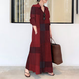 POSHOOT Autumn Cotton And Linen Dress Printing Lapel Long-Sleeved Shirt With Pockets Simple Loose Casual Plaid Long Hedging Dresses