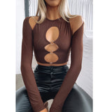 Poshoot   Women Cutout Crop Tops Solid Color T-shirt  Long Sleeve Round Neck Hollow Out Tees with Rings Streetwear Pullovers