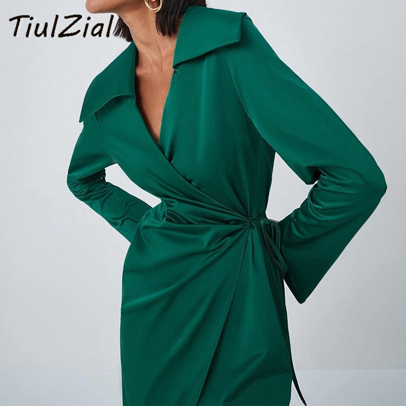 POSHOOT Green Long Sleeve Satin Wrap Midi Dress 2022 Nothed Lace Up Bandage Club Party Dress High Waist Vintage Shirt Dresses