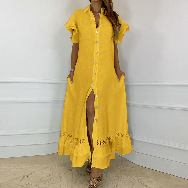 Poshoot  3 Colors Maxi Dress  Women Summer Flare Sleeve Long Dresses Loose Lapel Collar Ruffled Hem Vestidos  Split Hem Robe