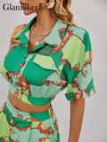 POSHOOT Glamaker Spring Green Leaf Print Shorts Suits High Street Holiday Crop Blouse Top And A-Line Shorts Women Sets Beach Sexy Sets