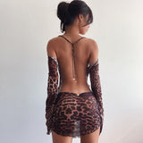 POSHOOT Leopard Print Backless Dress Women Long Sleeve Mesh Dress 2022 Spring Halter Transparent Sexy Club Dress Vestidos