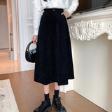 POSHOOT  Corduroy Skirt Women Pure Cotton High Waist A Line Winter Korean Loose Female Midi Skirt Black Vintage New  Faldas