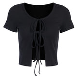 POSHOOT   Cropped Top Lace Up Short Sleeve Hollow Out Front Split Hem O-Neck Slim Women Fashion Summer New  Streetwear