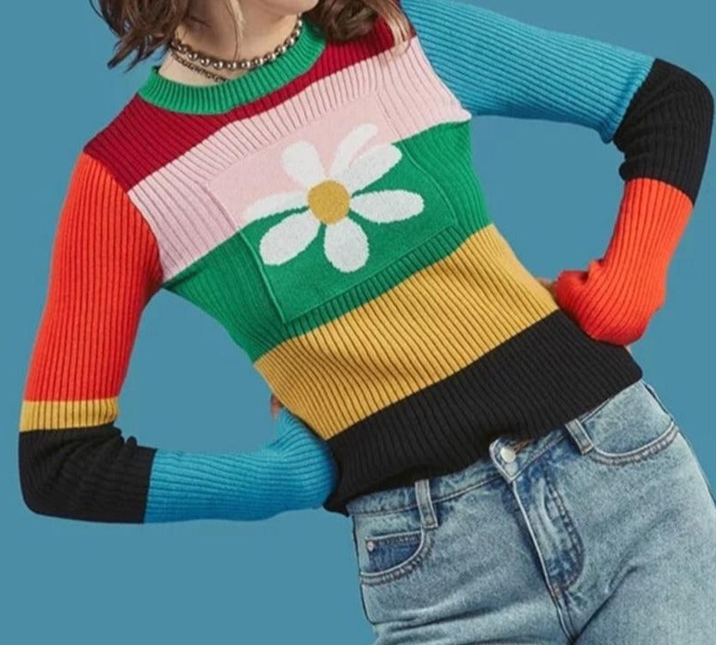 Poshoot   Striped Rain Bow Knitted Sweater Women 2022 Autumn Flower O Neck Elastic Stretchy Sweater Cotton Tops Multicolor Winter