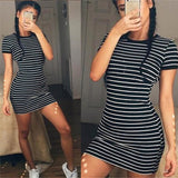 Poshoot Women's Summer Black And White Striped Round Neck Short Sleeve Elegant Cute Casual Sheath Dress