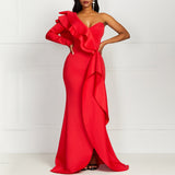 POSHOOT African Style Elegant Party Sexy Evening Women Long Dresses One Shoulder Bodycon Split Female Ruffles Maxi Red Dress Prom 2022