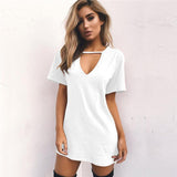 Poshoot Summer Women Tshirt Mini Dress Choker V-Neck Dresses Short Sleeve Casual Sexy Halter Boho Beach Dress Vestidos MINI Size