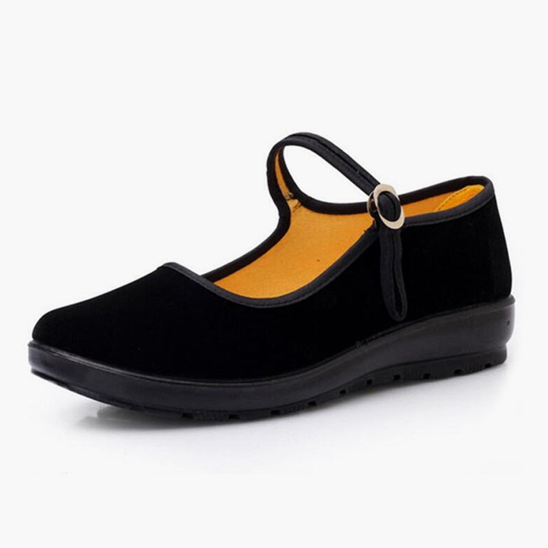 POSHOOT Women Fabric Flats Autumn Loafers Ladies Buckle Strap Black Mary Janes Casual Mother Shoes Female Comfort Breathable Footwear