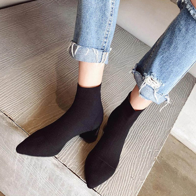 POSHOOT Women Knitting Elastic Ankle Boots Autumn Square Middle Heels Female Pointed Toe Short Sock Boot Ladies Casual Fashion Shoes
