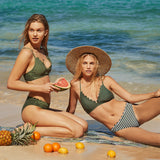 Poshoot  Cute Green Floral Scalloped Bikini Sets Women  Solid Low-waist Two Pieces Swimsuit 2023 Beach Bathing Suits Swimwear