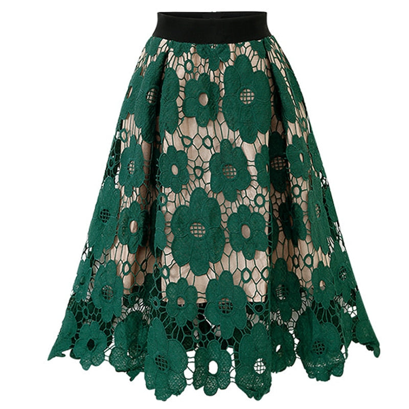 POSHOOT  Elegant lace women midi skirt summer vintage solid A-line high waist female party night skirts faldas mujer moda