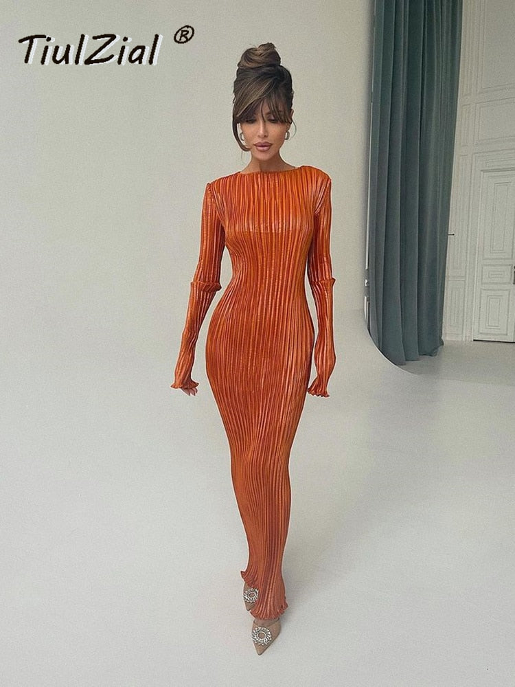 POSHOOT Basic Orange Maxi Bodycon Dress Autumn Summer Long Sleeve Pleated Dress 2022 Plisse Casual Dresses Women