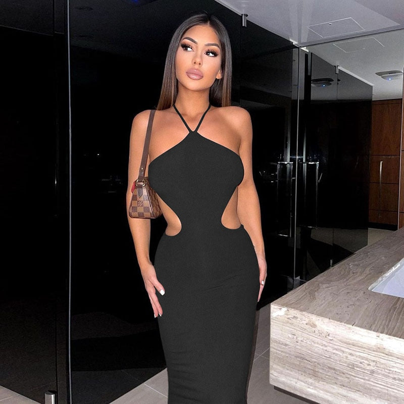 Poshoot  Halter Hollow Out Dress For Women  Sleeveless Backless Club Party Cutout Bandage Elegant Dresses Clothes 2023