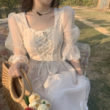 POSHOOT 2022 Spring Lace Sweet Elegant Dress Women Evening Party One Piece Dress Korean Kawaii Short Sleeve Dress Female Square Collar