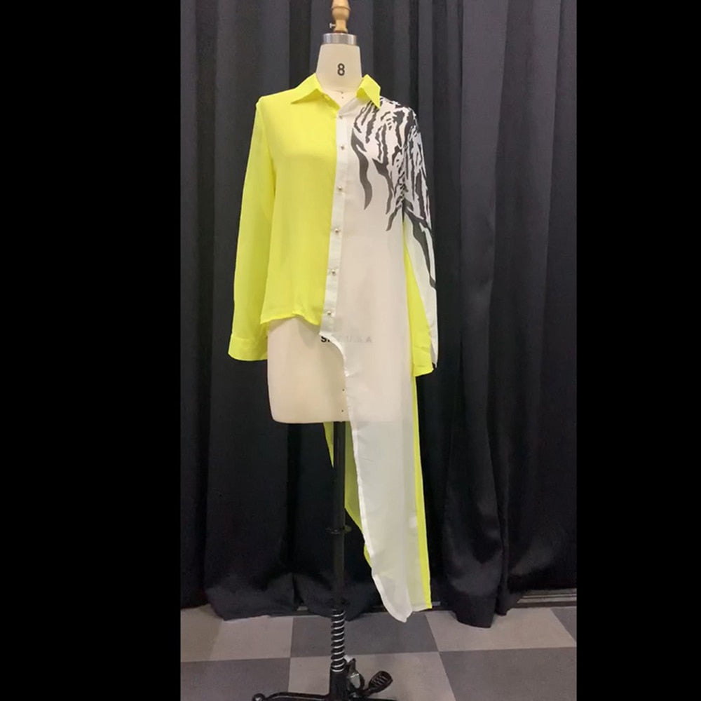POSHOOT Color Block Yellow Asymmetrical Long Sleeve Blouse Shirt Women Ladies Casual 2022 Spring Fall Button Irregular Tops Oversized