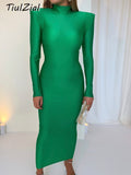 POSHOOT Basic Black Midi Bodycon Dress Autumn Stretchy Long Sleeve Turtleneck Dress 2022 Club Party Dresses Women Green Blue