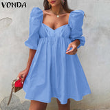 POSHOOT Women Mini Dress Summer Summer Puff Sleeve Dresses Casual Solid Sexy V Neck Bohemian Vestidos Loose Sundress Oversized