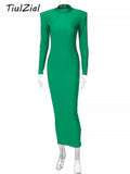 POSHOOT Basic Black Midi Bodycon Dress Autumn Stretchy Long Sleeve Turtleneck Dress 2022 Club Party Dresses Women Green Blue