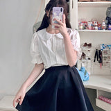 POSHOOT Summer Japanese Lolita Style Women Short Shirt Peter Pan Collar White Apricot Cute Kawaii Blouse Hollow Out Cotton Sweet Blusas